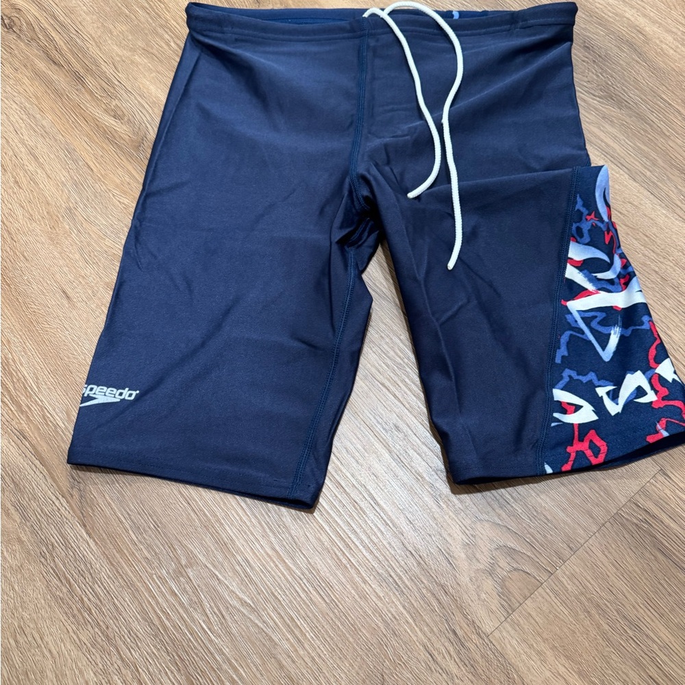 Speedo Men's Dark Blue Swim Shorts with Red and White Accents